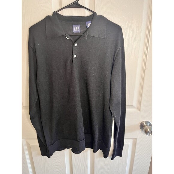 Gap 100% Merino Wool Mens Large Tall Black Long Sleeve Three Button Polo - Picture 4 of 7